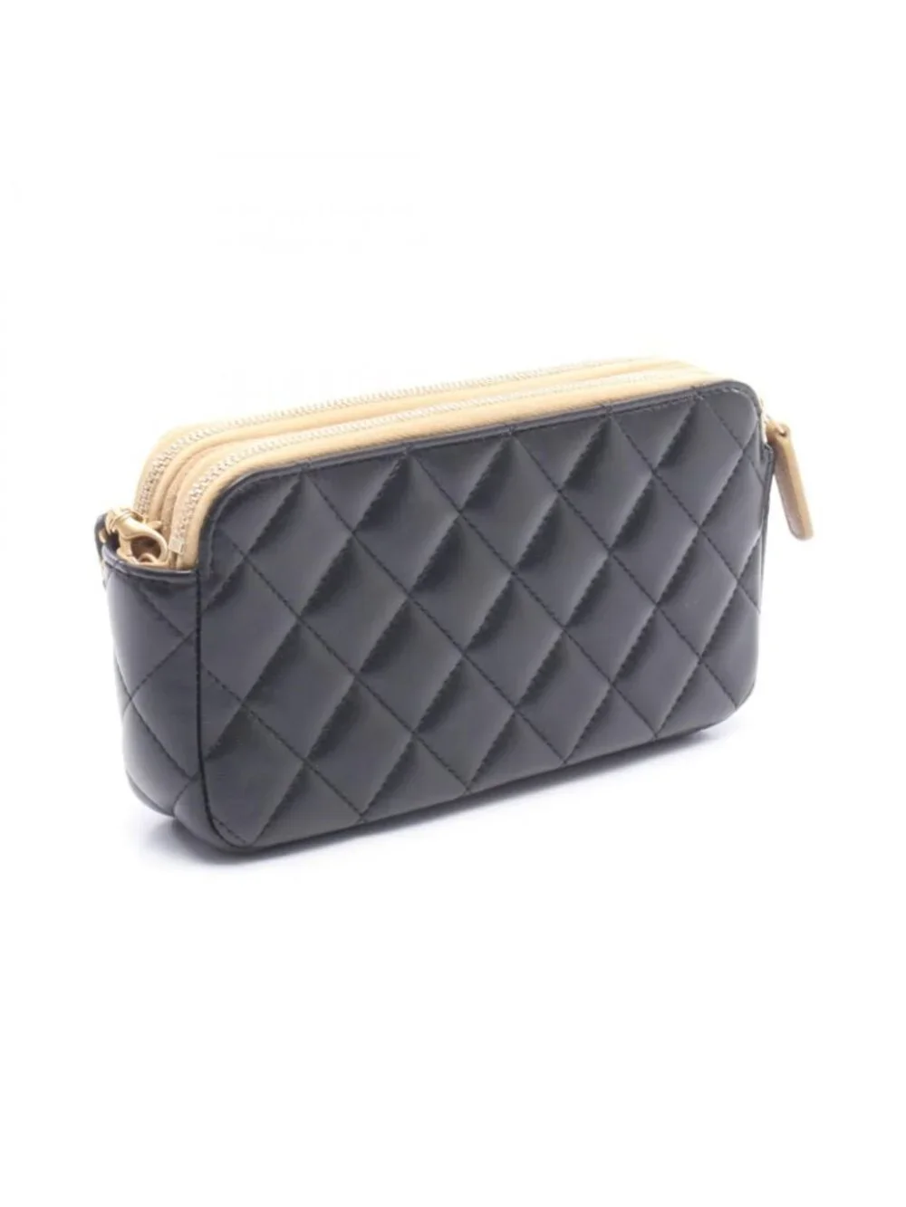 Chanel Shoulder Bag Quilted Phone Case Black Camel Lambskin Suede Chain Wallet